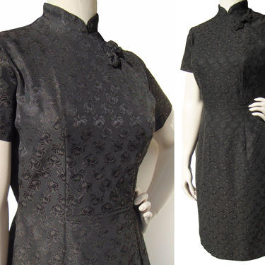 Vintage 50s Cheongsam Dress Black Rose Damask Qipao M 