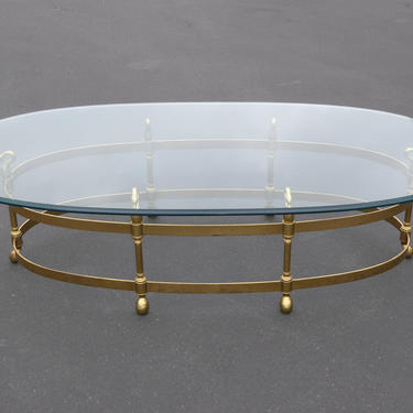 Vintage French Provincial Brass &amp; Swan Oval Cocktail Coffee Table Beveled Glass 