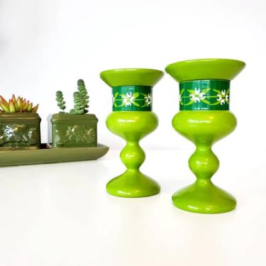 Danish Hand Painted Wood Candlestick Holders 