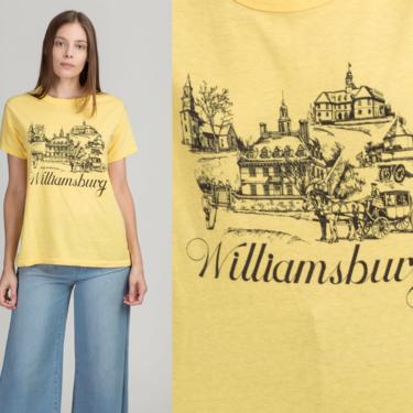 80s Colonial Williamsburg Tourist Tee - Men's Medium, Women's Large | Vintage Yellow Virginia Souvenir Graphic T Shirt 