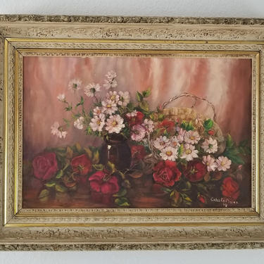 1958 Celesta Moser Still Life With Flowers Oil On Canvas Painting . 