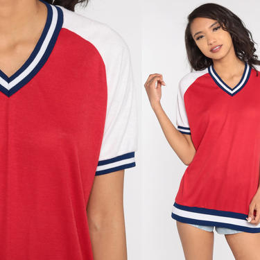 Red Ringer Tee Retro T Shirt 80s TShirt Striped Top V Neck Shirt Raglan Sleeve White Plain Athletic Shirt Vintage 1980s Medium Large 