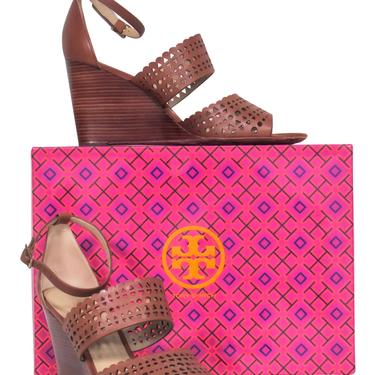Tory Burch - Brown Perforated "Nutria" Ankle Wrap Wedge Sandal Sz 9