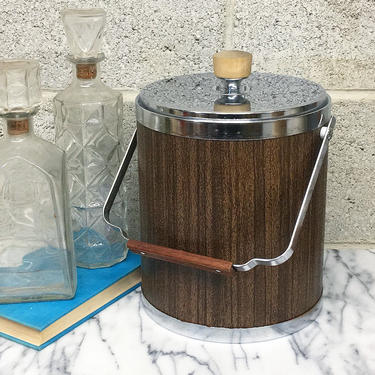 Vintage Ice Bucket Retro 1960s Mid Century Modern + Kromex + Chrome + Woodgrain Plastic + Slotted Wood Handle + Barware and Kitchen Decor 