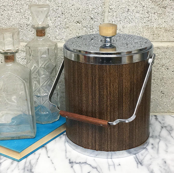Vintage Mid-century Chrome & Wood Ice Bucket
