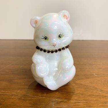 Vintage Fenton Glass Bear Sitting February Iridescent White Mother of Pearl 