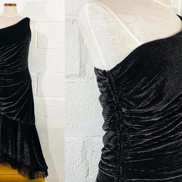 Vintage Black Lace Dress Mermaid One Shoulder Midi Hi-Low Glitter Asymmetrical Formal Sheer Prom New Year's Eve Party Cocktail Medium Large 