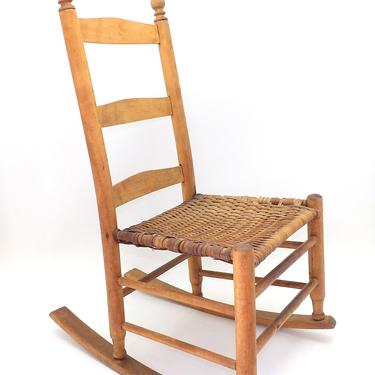 Early 1900's Antique Child's Rocking Chair Pine and Rattan Caning Minimalist Shaker Ladder Back  Design 