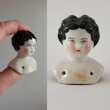 Antique China Doll Head with Painted Black Curls - 2.25 Inches Tall - Antique German Dolls - Collectible Dolls - Doll Parts 