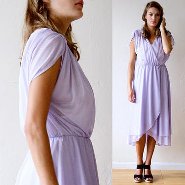 Vintage 70s Dress Goddess Flowy Sheer Pale Purple Wrap Fairy Double Hem V Neck XS S M extra small, small, medium 