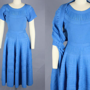 1950s 3 PIECE KNIT SET | Vintage 50s Sky Blue Sweater, Skirt, &amp; Scarf Set | small - medium 