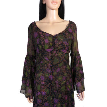 Vintage 70s Designer Boho Semi Sheer Witchy Festival Bell Sleeve Floral Maxi Dress Size S/M 