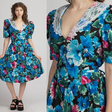 80s Blue Floral Lace Collar Fit &amp; Flare Dress - Large | Vintage Boho Fitted Waist Puff Sleeve V Neck Midi 