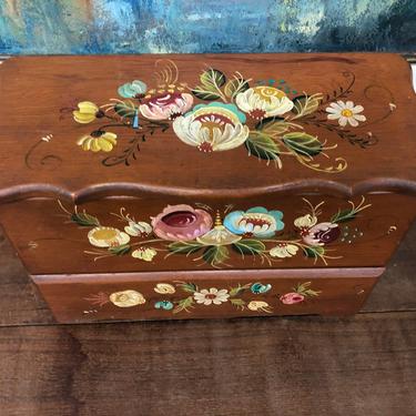 Vintage One of a Kind Wooden Handpainted Floral Jewelry Dresser Drawer Box Handmade Fine Detail Unique Design Lid Cottage Farmhouse 