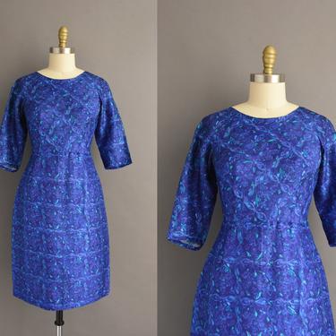 1950s vintage dress | Blue Silk Abstract Print Cocktail Party Pencil Skirt Dress | Small | 50s dress 