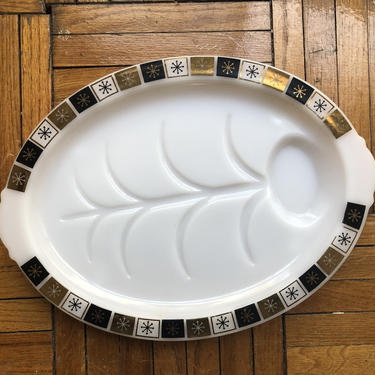 Vintage Snowflake Milk Glass Meat Tray Carving Platter with Wells, Gold and Black Snowflake Pattern 