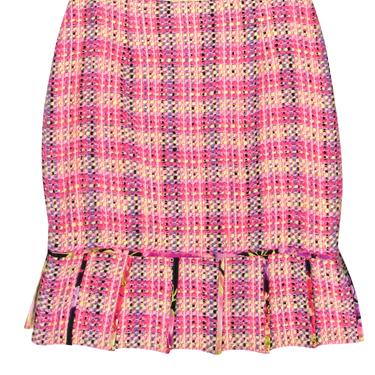 Kay Unger - Pink & Yellow Plaid Woven Tweed Skirt w/ Pleated Hem Sz 4