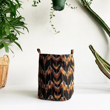11" Bucket Planter Made from Deadstock Black Ikat Fabric