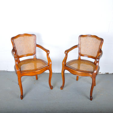 Pair of Vintage French Louis XV Style Maple Armchairs W/ Cane Seats 
