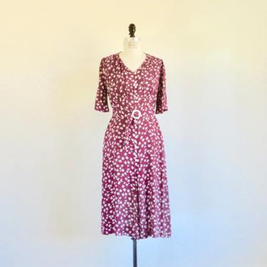 Vintage 1940's Burgundy and White Rayon Floral Day Dress Bell Sleeves Belted Rockabilly Swing WW2 Era 30&quot; Waist Size Medium 