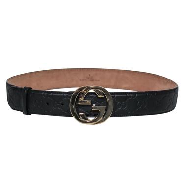 Gucci - Black Embossed Leather &quot;GG&quot; Buckle Belt