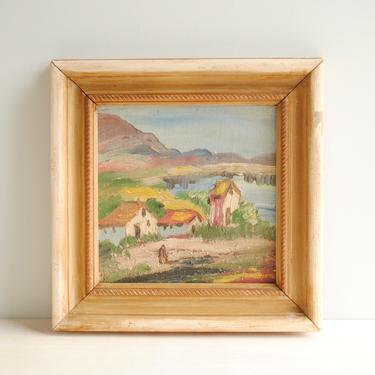 Vintage Landscape Painting of a Small Village on a Lake with Mountains in the Background, Original Framed Impressionist Style Oil Painting 