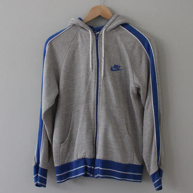 Vintage Nike 80s Gray & Blue Zip Up Hooded Sweatshirt Unisex Size S M 