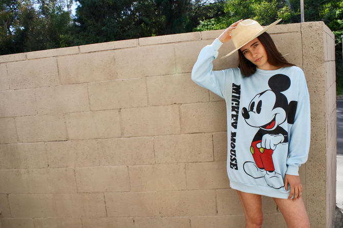 Mickey Sweatshirt // vintage tee t-shirt boho cotton hipster Mickey Mouse t shirt dress sweater blouse Disneyland blue // O/S 