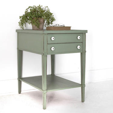 SOLD SOLD Hand Painted Sage Green Side Table, Night Stand, Vintage Mersman End Table, with Two Drawers, Shelf and New White Decorative Knobs 