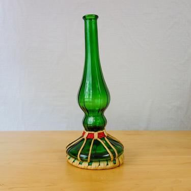 Tall Wicker Wrapped Green Glass Vase With Bottle, 12.5&amp;quot; Narrow Carafe or Pitcher, Bohemian 60s Home Decor, Rattan Woven Sleeve Barware 