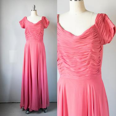 1950s Dress Pink Chiffon Ruched Gown M 