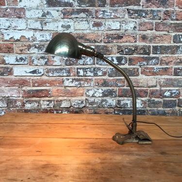 Vintage Gooseneck Clamp On Brass Desk Lamp 'DRF' Porcelain Switch 