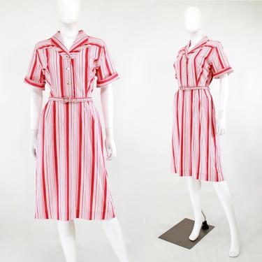 1950s Candy Stripe Dress - 1950s Striped Dress - 1950s Shirtwaist Dress - 1950s Cotton Day Dress - 1950 Red & White Dress | Size Large 