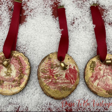 French Country Toile Du Joy Wood Slice Ornaments ~'Christmas On The Farm ~ Victorian Style Ornaments ~ Old World Rustic Christmas ~ Set of 3 