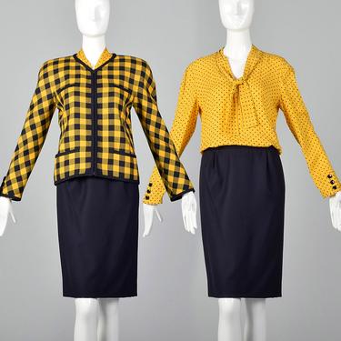 XS 1980s Valentino Boutique Set Yellow Navy Designer Vintage Blouse Pencil Skirt Zip Front Jacket Three Piece Set Navy Yellow 80s Vintage 
