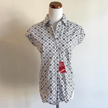 Vintage New Old Stock with Tags, 60s Womens Blouse, Cotton Summer Shirt, 60s Print Collared Button Down Top, 1960s Lady Mahattan Shirt Large 