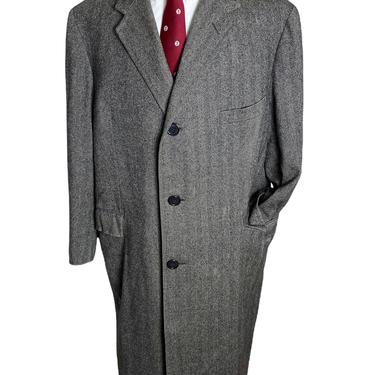 Vintage 1960s Bespoke Wool HERRINGBONE TWEED Overcoat ~ size 46 to 48 R ~ Preppy / Ivy Style / Trad ~ Dated 1960 