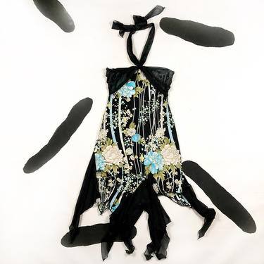 90s / 00s / Blue and Black Floral Tube Dress / Asymmetrical Hem / Handkerchief Hem / Halter / y2k / Fluttery / Flowy / Paris Hilton / L / 