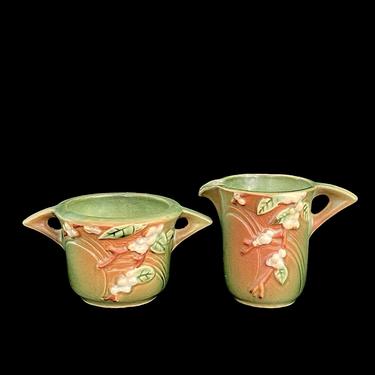 Vintage 1940s Pair of Roseville Pottery Creamer and Sugar Bowl in tones of Green with Floral Snowberry Design 