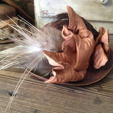 Victorian Straw Hat Feathers Silk Satin Bows Downtown Abbey Style! 