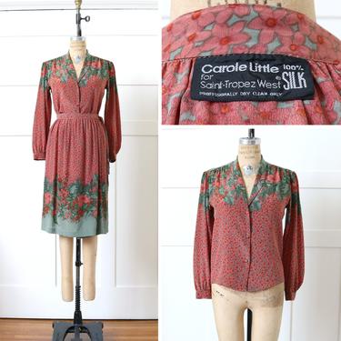 designer vintage 1980s silk dress set • Saint Tropez puff sleeve blouse and wrap skirt • vivid floral lily print in desert red & greens 