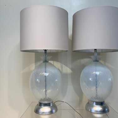 Pair of Mid Century Modern Italian Murano Glass Pineapple Table Lamps in the Style of Monumental Seguso 