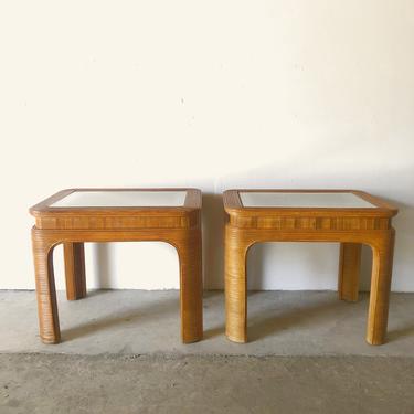 Pair of Vintage Rattan End Tables w/ Glass Top