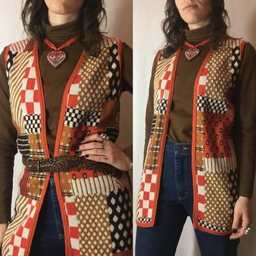 Vintage 1970s Sweater Vest | Patchwork Print Soft Knit Vest, Hippie Waistcoat, Duster Sweater Vest, Tunic Sweater | Sabra 