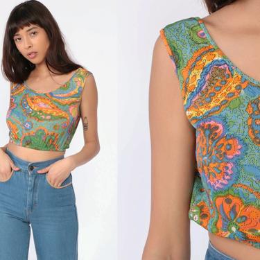 Psychedelic Crop Top Floral Tank Top 70s Hippie Blouse Green Blue Paisley Summer Top Boho Shirt Sleeveless Vintage Bohemian 1970s Small 