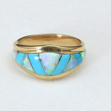 Vintage Estate White Fire Opal & Turquoise Inlaid 14k Yellow Gold Ring Size 4.75 