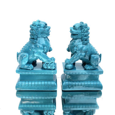 8&amp;quot; Turquoise Glaze Foo Dogs - A Pair | Guardian Shishi Lion Figurines | Chinoiserie Color Pop Protection Statues 