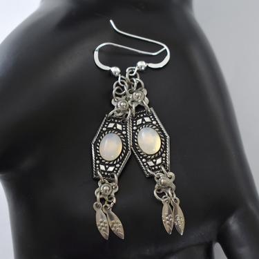 70's 925 silver moonstone edgy tribal dangles, unusual Made in Israel sterling white gem cabs mystic hippie earrings 