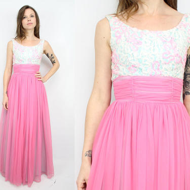 Vintage 60's Pink and Blue Floor Length Soutache Gown / Sleeveless  / Evening Gown / Ribbon / 1950's Dress / Women's Size XXS by Ru