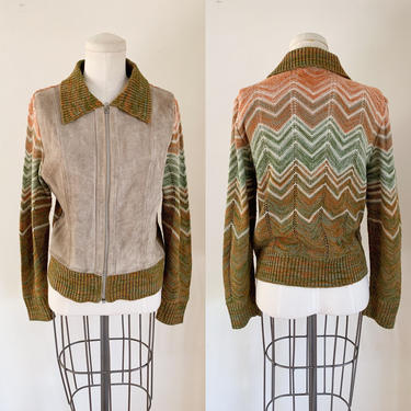 Vintage 1970s Suede and Space Dye Sweater Jacket / M 